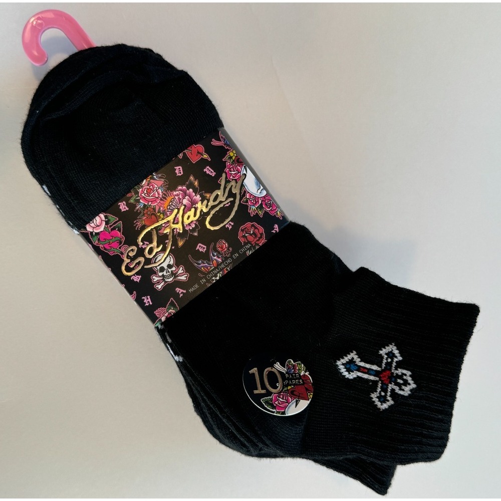 NEW Ed Hardy Black Quarter Socks 10 Pairs Women's Size 4-10 Rose, Cross, Heart